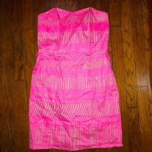 H&M strapless hot pink/cream midi dress sz M